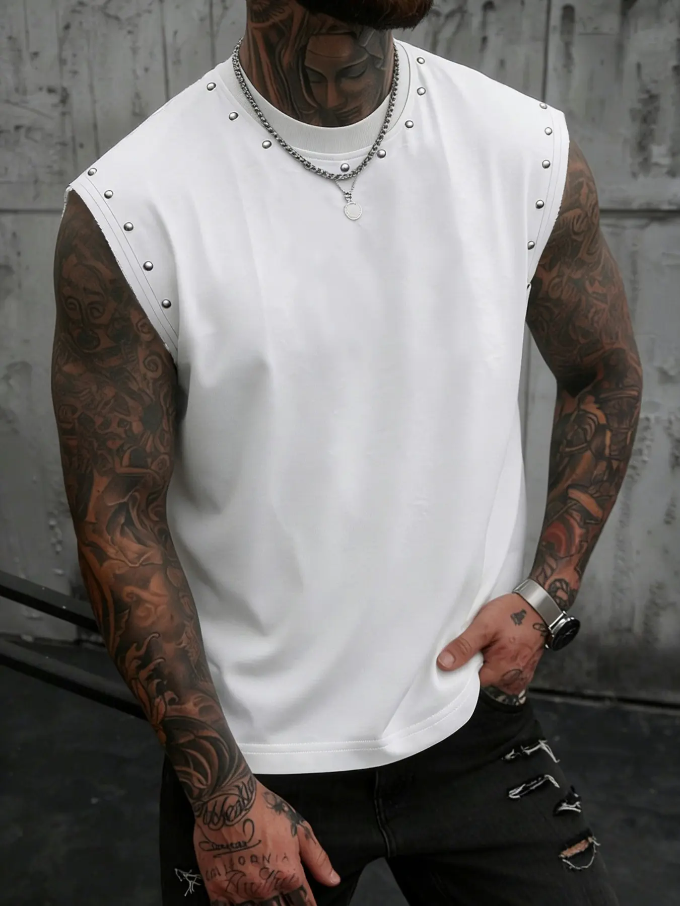 Men's Summer Casual Sleeveless Vest, Casual Loose Fit, Round Neck Rivet Details, Punk Streetwear Gym Shirt, Trendy & Daily Wear, Menswear Fitness