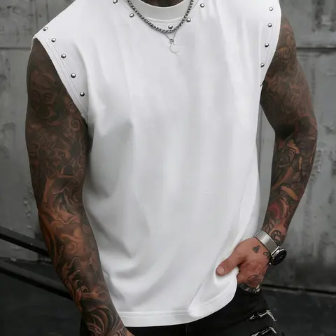 Men's Summer Casual Sleeveless Vest, Casual Loose Fit, Round Neck Rivet Details, Punk Streetwear Gym Shirt, Trendy & Daily Wear, Menswear Fitness