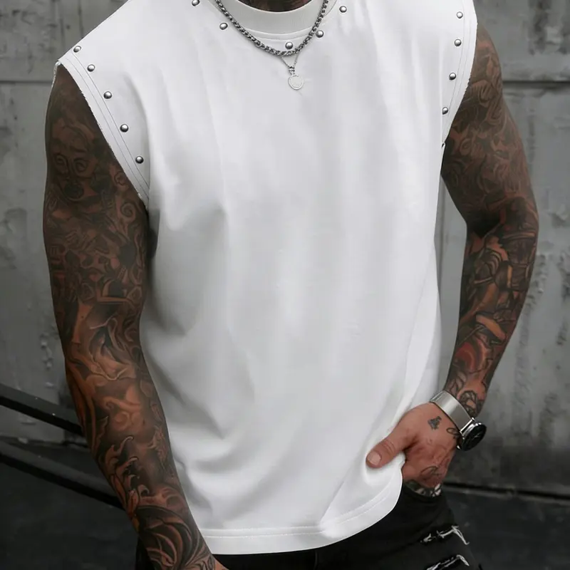 Men's Summer Casual Sleeveless Vest, Casual Loose Fit, Round Neck Rivet Details, Punk Streetwear Gym Shirt, Trendy & Daily Wear, Menswear Fitness