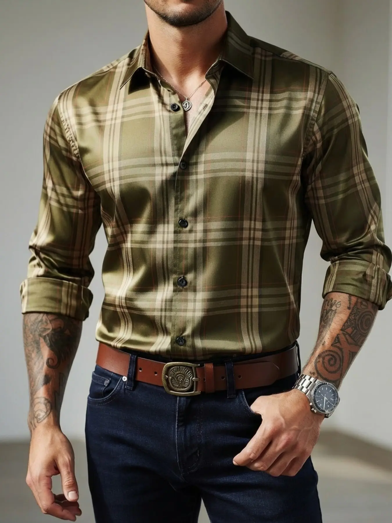Men's Olive Green Plaid Shirt | Slim Fit Long Sleeve Button Down | Vintage Casual Business Style Work & Weekend Outfit
