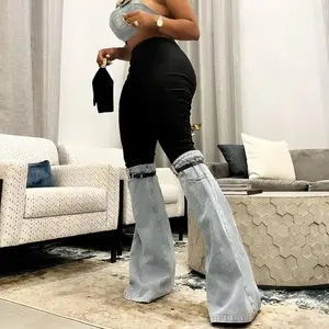 summer spring clothes Denim Flare Pants Women 2025 Streetwear Jeans Elastic Waist Patchwork Belt Spliced Washed Vintage Trousers Skinny Floor Length