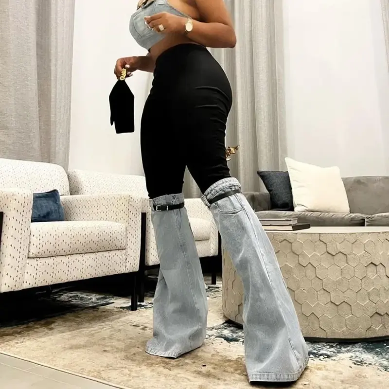 Women's Fitted Flared Full-Length Jeans - Vintage Patchwork, Patchwork Belt, Elastic High Waist, Spliced Design, Streetwear Look, Casual Sports & Outdoor Pants, Lady, Female, Standard Sizes, Cold Wash, Elastic Waist, Check