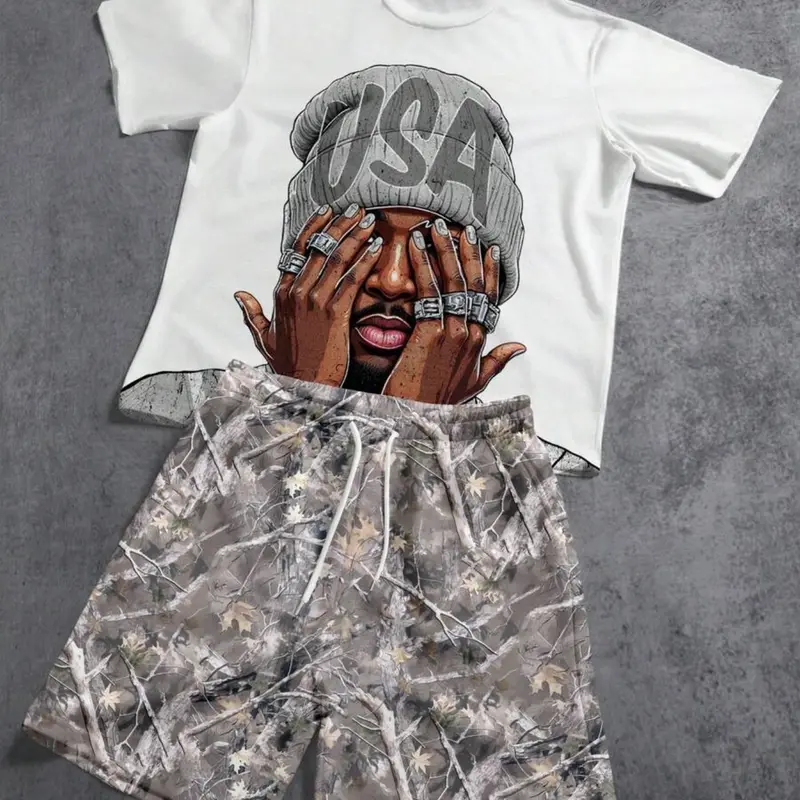 Streetwear Casual Menswear Stylish Cartoon Graffiti Portrait Print Camouflage Short Sleeve Round Neck T-Shirt and Shorts Matching Outfit Two Piece Set, Perfect for Spring Summer, Ideal Gift for Boyfriend