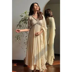 Elegant Chikankari Mirror Work Anarkali Suit – Cream Georgette Ethnic Wear