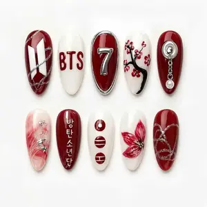BTS Press On False Nails by LuvyNailbox, Burgundy Red Cherry Blossom 3D Chrome Silver Art, Custom Luxury Kpop ARMY Gift