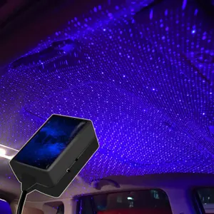 Car USB Blue Purple Star Projector Night Light Interior LED Decorative Romantic Roof Ceiling Lights with Auto Rotation, Breathing, and Sound Activated Mode