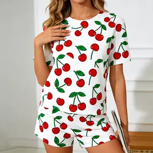 Women's Cherry Print Short Sleeve Pajama Set, Soft Breathable Sleepwear, Cute Red Fruit Pattern Top & Elastic Waist Pants, Comfy Loungewear for All Seasons
