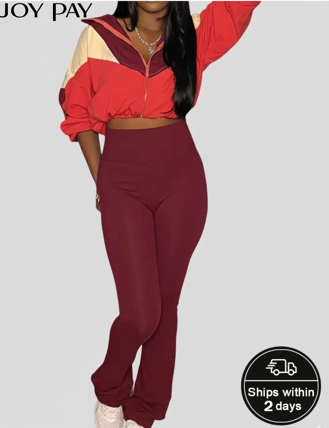JOY PAY Bold Color Block Tracksuit Set Cropped Zip Up Jacket & High Waist Pants for Women Casual Minimalist Red Long Sleeve Two-Piece Coordination    YF002