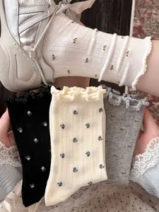 4 Pairs Women's Cute Ditsy Floral Mesh Ruched Hem Print Crew Socks, Soft Comfortable Breathable Socks, Student Socks, College Style, All Seasons