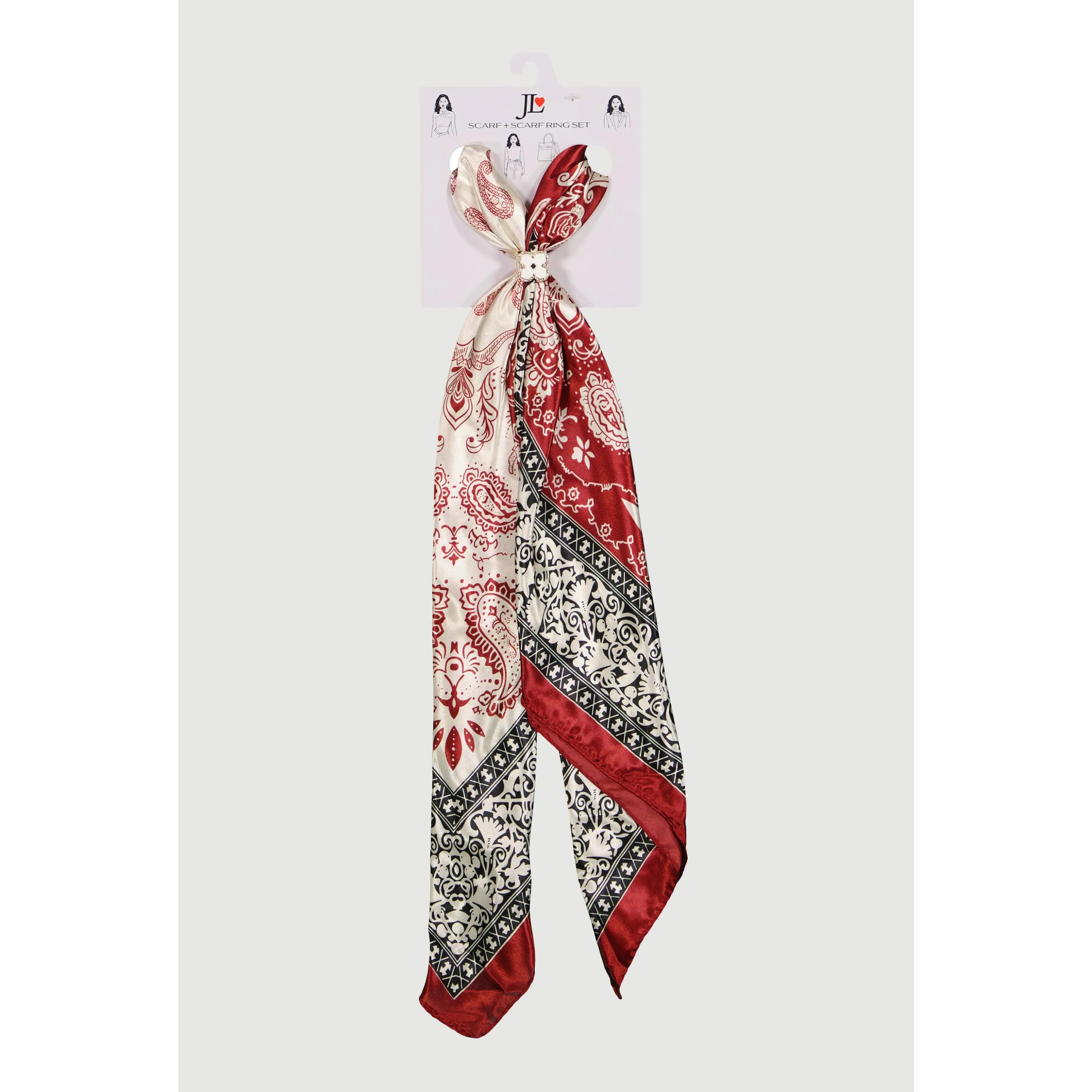 Color Blocked Paisley Border Print Multiway Scarf and Scarf Ring Set