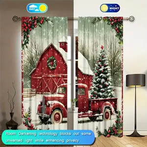 Christmas Snowmobile Pattern Curtains Set, Digital Print Window Decorations, Privacy Protection, Suitable for Bedroom Living Room Kitchen