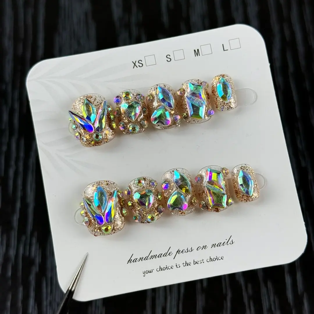 10pcs heavy-duty, hand-painted cat eye, three-dimensional irregular diamonds, Rhinestone embellished design, handmade press ons fake nails, Decorative nails, Ideal for attending music festivals, concerts, bar parties, and birthday bash