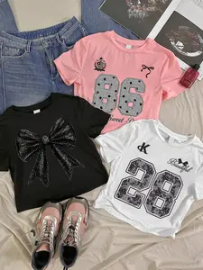 【3-Pack】Girls' Summer Trendy Number T-Shirt Set: Sparkle Bow + Number Print Short-Sleeve 3-Pack, Ultra-Soft Breathable Fabric, Sweet-Edgy Gentle Style, Ideal for Summer Parties / Casual Play / School Wear, Funny Print Shirts