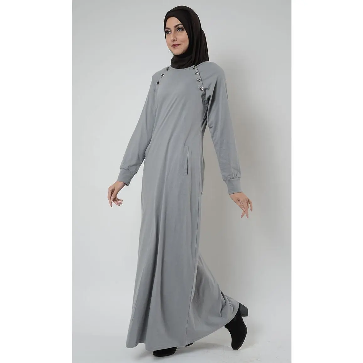 Buttoned shoulders detail basic everyday wear abaya dress