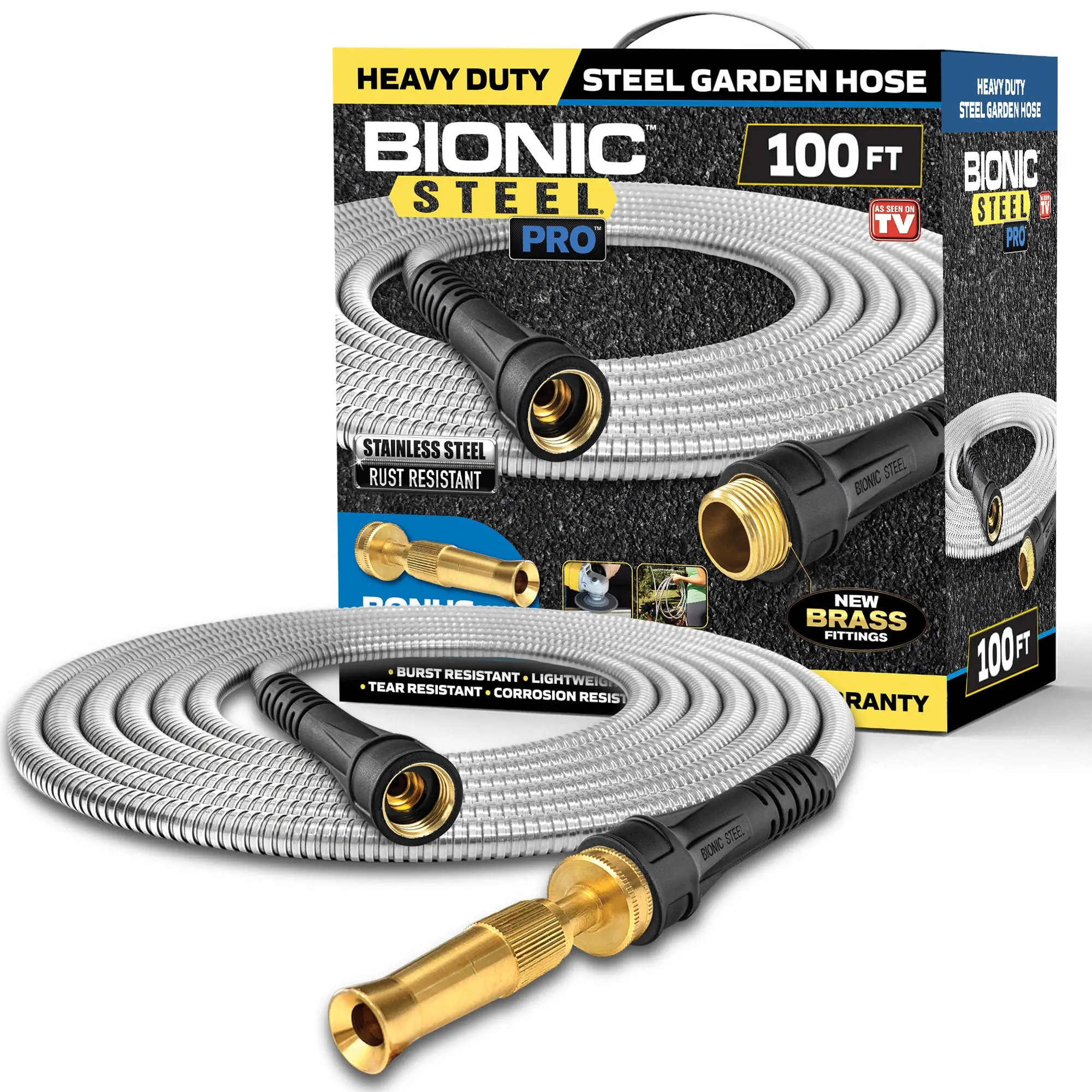 Bionic Steel PRO - 5/8 in. Heavy-Duty Stainless Steel Garden Hose with Brass Fittings - 25', 50', 75', 100', & 125'