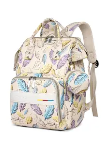 High-Quality Feather Print Mom Bag Mummy Bag, Large Capacity Multi-Compartment Baby Backpack, Insulated Bottle Holder, Dry-Wet Separation, Pushchair Hook