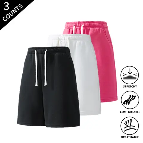Men’s 3-Pack Solid Color Lightweight Loose-Fit Casual Street Shorts, Breezy Beach Wear Menswear Bottoms for Beach Walks, Outings