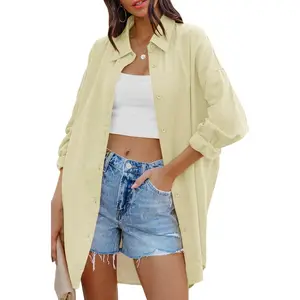 Womens Oversized Button Down Shirts Casual Loose Long Sleeve Solid Lapel Long Blouses Tops with Pockets