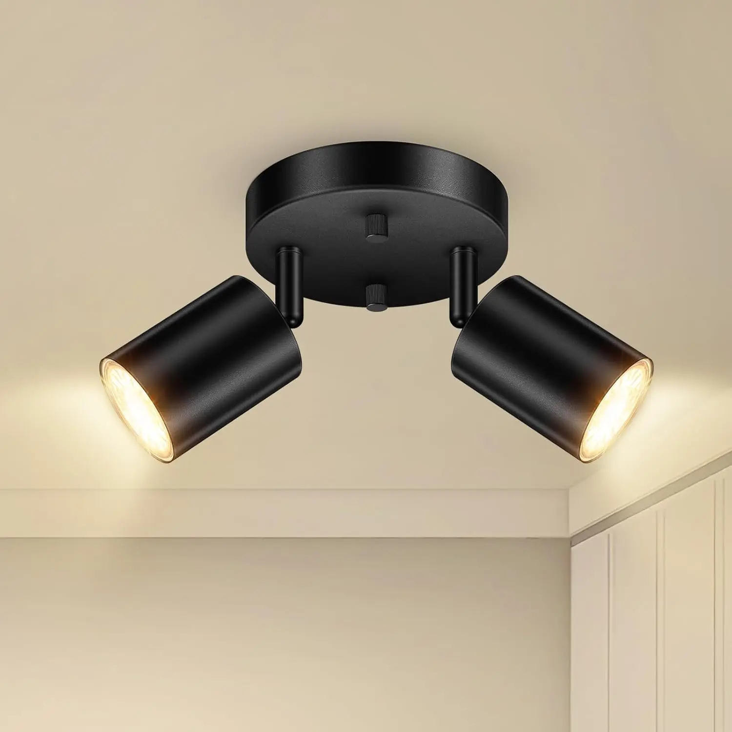 Black Matte Ceiling 2 Light Fixtures Track Lighting Kit, Ceiling-Mounted 360-Rotation Spotlight, Rotatable LED Indoor Lighting for Kitchen, Living Room (GU10 Bulb Not Included)