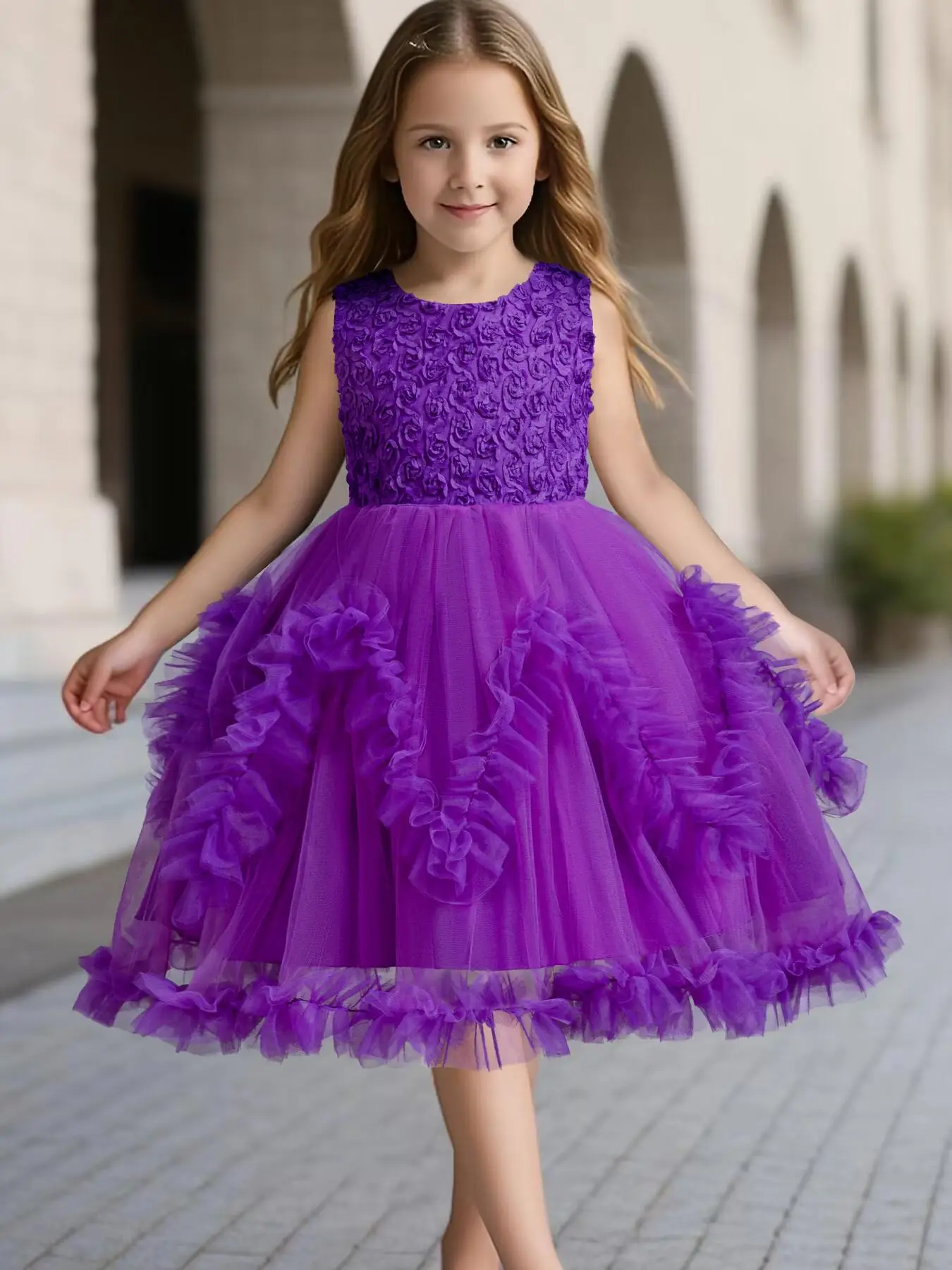 Girl's Solid Ruffle Trim Tulle Dress, Elegant Sleeveless Round Neck A Line Dress for Party Performance Wedding Guest, Kids Clothes for All Seasons