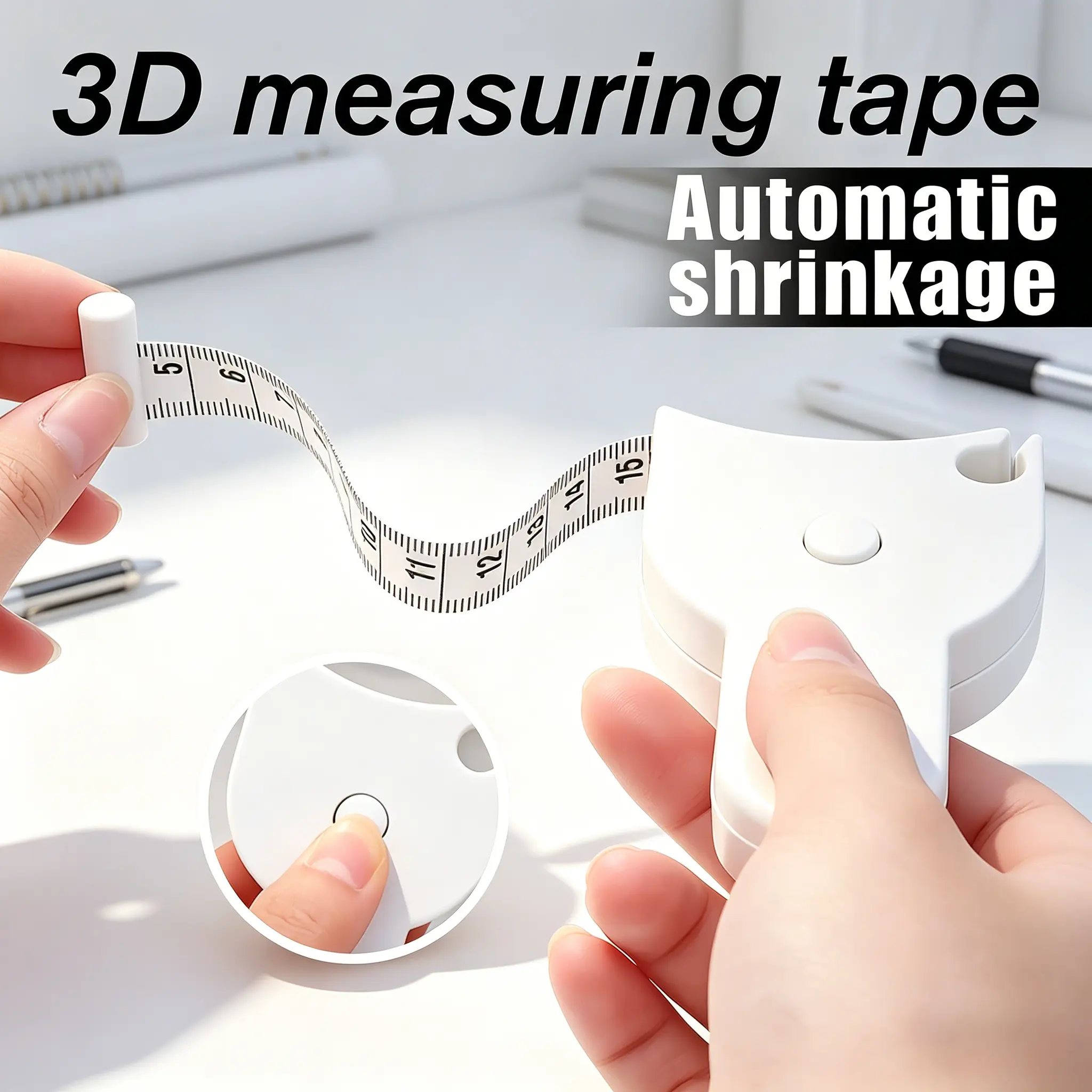 Auto-Retractable 3D Body Measuring Tape (60in) - Portable, Soft Tailor Measuring Tape, Essential Kitchen Specialty Tool for Waist, Hips, Bust, Sleek White Design, Portable Tape Measure