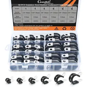 52 count  Clamps Assortment Kit,  Stainless Steel Rubber Cushion Pipe Clamps Hose Clamps Metal Clamp  Line Hose Water Pipe Air Tubing Clamps - 6 Sizes 1/4'' 5/16'' 3/8'' 1/2'' 5/8'' 3/4''
