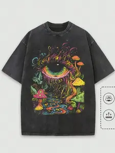 Oversized Distressed Short Sleeve T-Shirt, Psychedelic Eye & Colorful Mushroom Forest Print, 100% Cotton, Streetwear Y2K Style