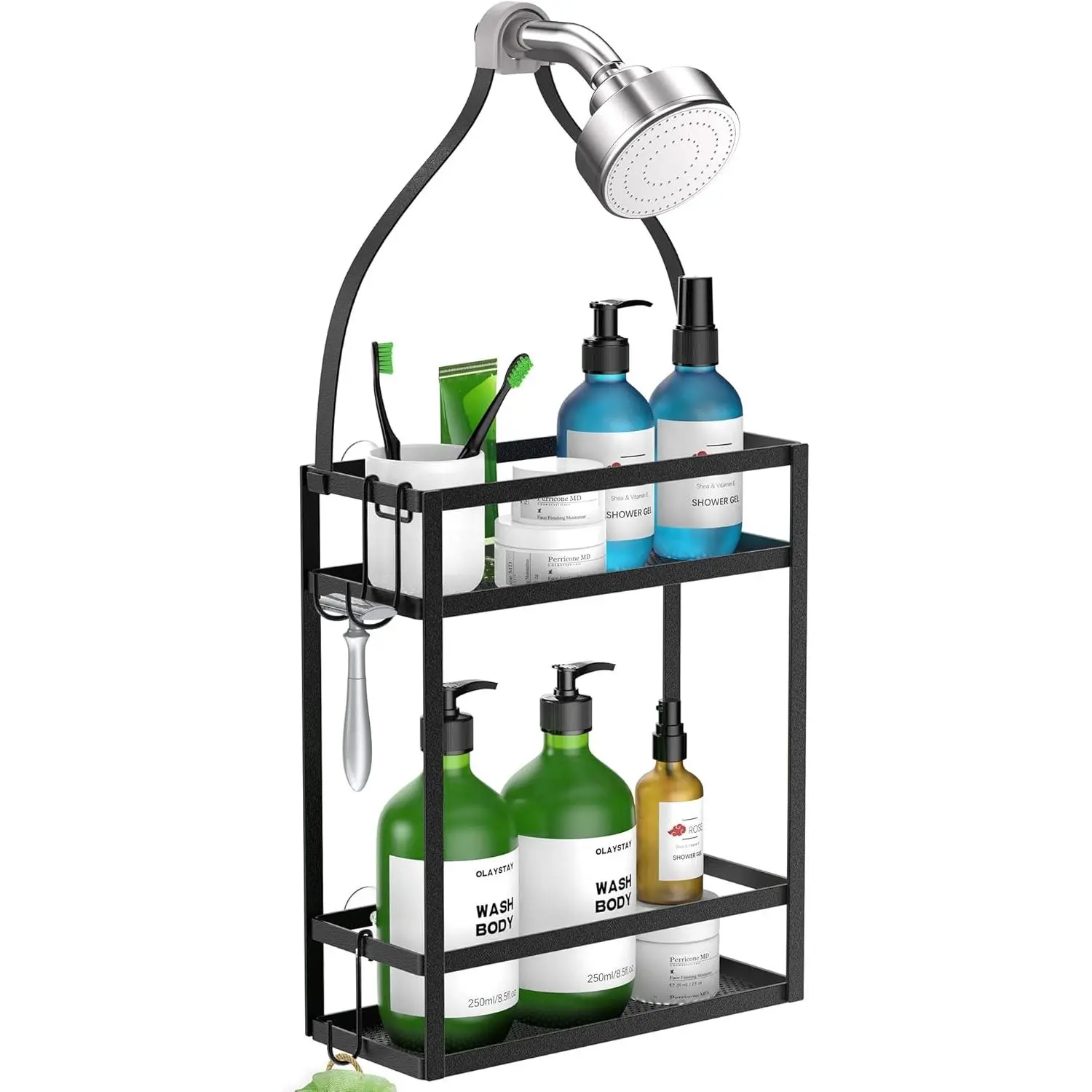 Shower , 10.4" x 4.5" x 22.04"  Shower  Organizer Over Shower  Big Capacity for Shampoo, Conditioner with Hooks for Razor/Sponge, Matte Black
