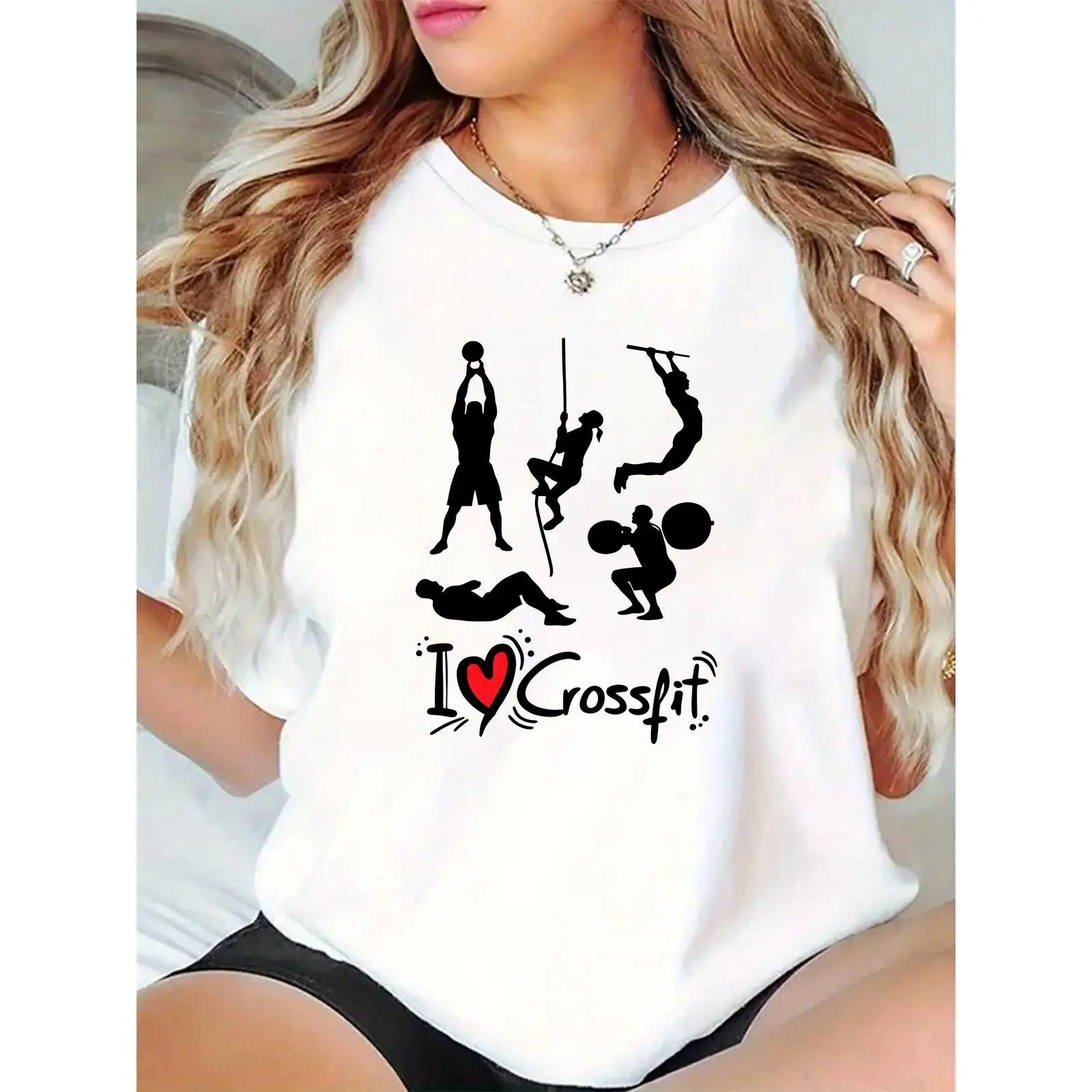 Women's White T - Shirt with Crossfit Exercises Silhouettes & "I Love Crossfit" Heart Graphic, Casual Gym Workout Top for Crossfit Enthusiasts & Fitness Lovers