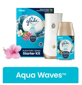 Glade Automatic Spray Air Freshener Starter Kit, 1 Holder and 1 Refill, Aqua Waves, Fragrance Infused with Essential Oils, 6.2 oz