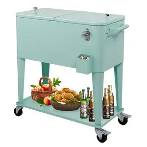 80 Quart Rolling Ice Chest, Portable Bar Drink Cooler with Catch Basin, Bottom Storage Tray and Bottle Opener for Patio Party BBQ Beach Activities