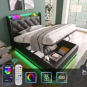 Twin/Full/Queen/King size Upholstered bed, 360 surround LED function, Buttons/Apps/Remote Control, hydraulic storage bed with USB Type-C charging, Black, PU (Without mattress)