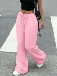 Women's High Waist White Wide Leg Pants, Adjustable Drawstring Elastic Waist Loose Fit Casual Fashion Trousers For Casual & Street Style Womenswear
