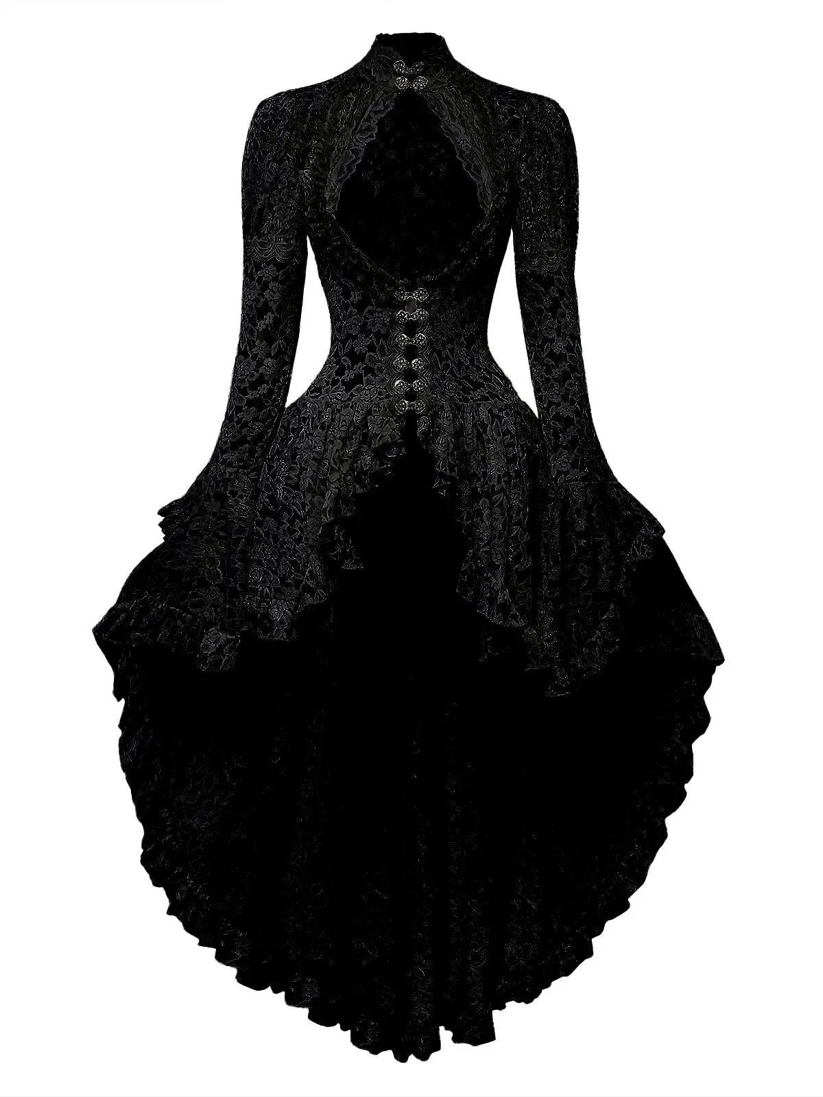 Black Victorian Goth Lace Evening Gown - Elegant Hook-and-Eye High-Low Stretch Formal Dress with Gigot Sleeves, Retro Edition Party Dresses for Fall Outfits