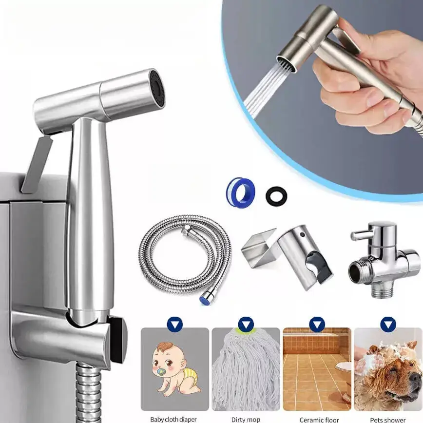 Stainless Steel Handheld Bidet Sprayer Kit - Shattaf with Hose, Adjustable Jet Spray, Handheld Bidet Sprayer for Toilet, Muslim Personal & Bathroom Cleaning Home Improvement Bathroom Fixture