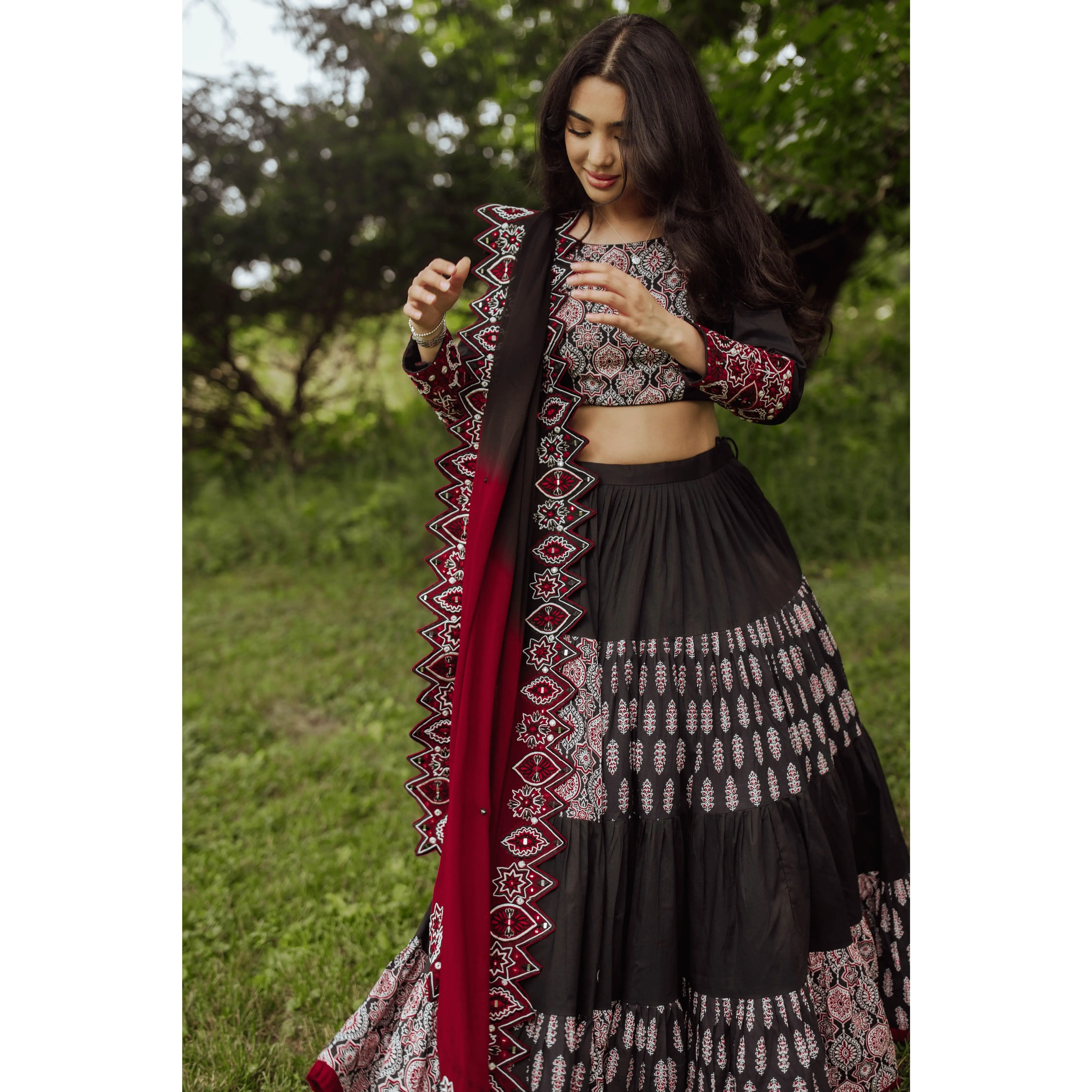 Black and Red Flared Tiered Lehenga Choli Set