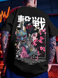 Men's Japanese Ukiyo-E Oversized T-Shirt, Oni Mask Geisha & Cherry Blossom Design, Sporty Fitted Long Sleeve, All-Season Streetwear