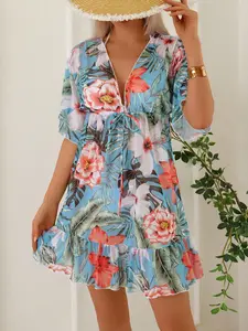 Women's Summer New Large Floral Print Pleated Hem Cover-Up, Slimming Sun Protection Beach Vacation Party Swimsuit Top, Beach Coverups, Beachwear Cover Up, Swimwear Cover Up