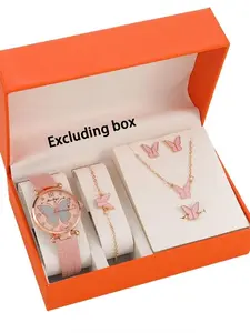 1 Piece Stylish Female Temperament Bright Pink Butterfly Pattern Bracelet Watch Set Paired With 5 Pieces Jewelry Set Quartz Female Watch