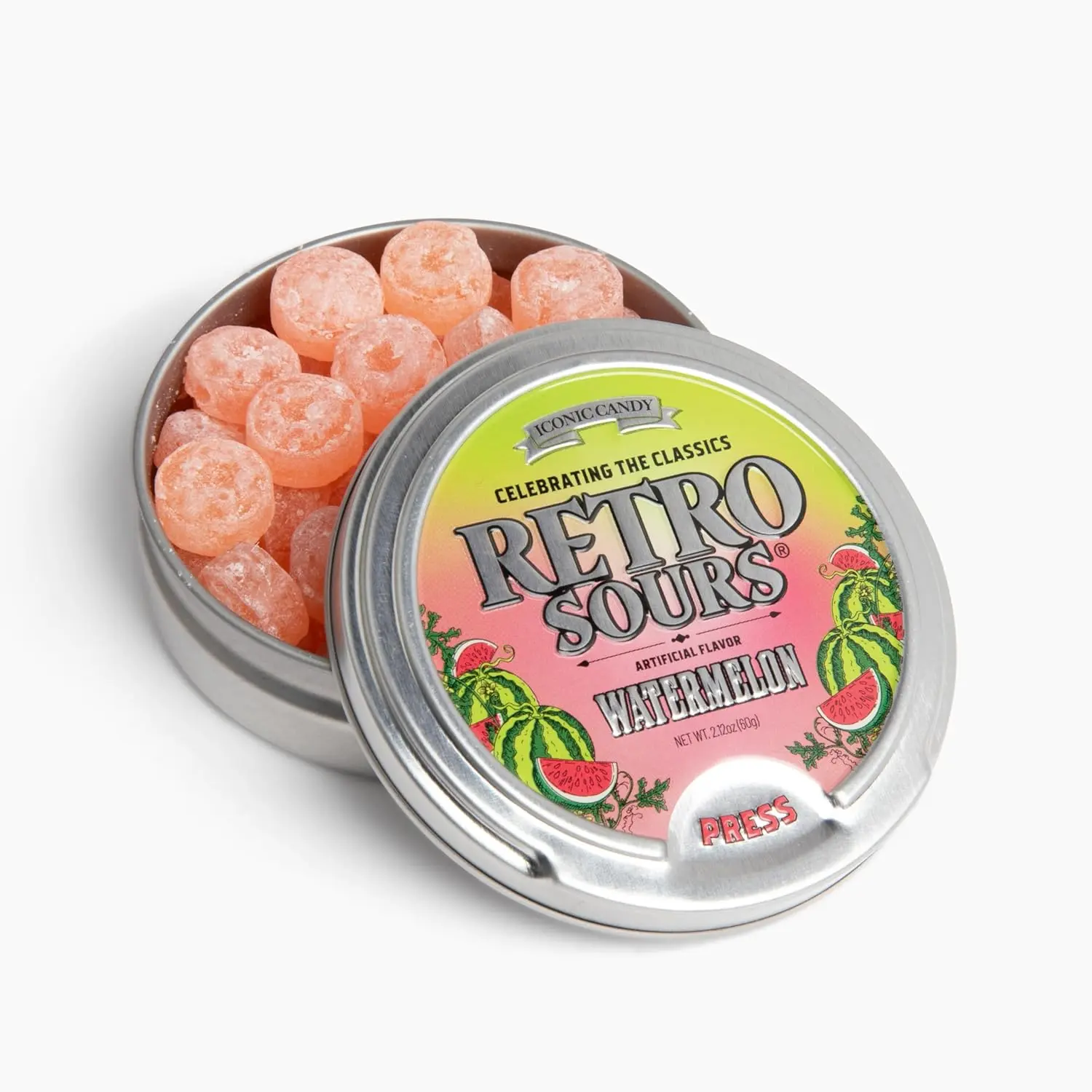 Retro Sours Watermelon Hard Candy (1 - 2.12oz Tin) – Tangy Sour Candy Tin, Classic Fruit Candy, Nostalgic Retro Treat