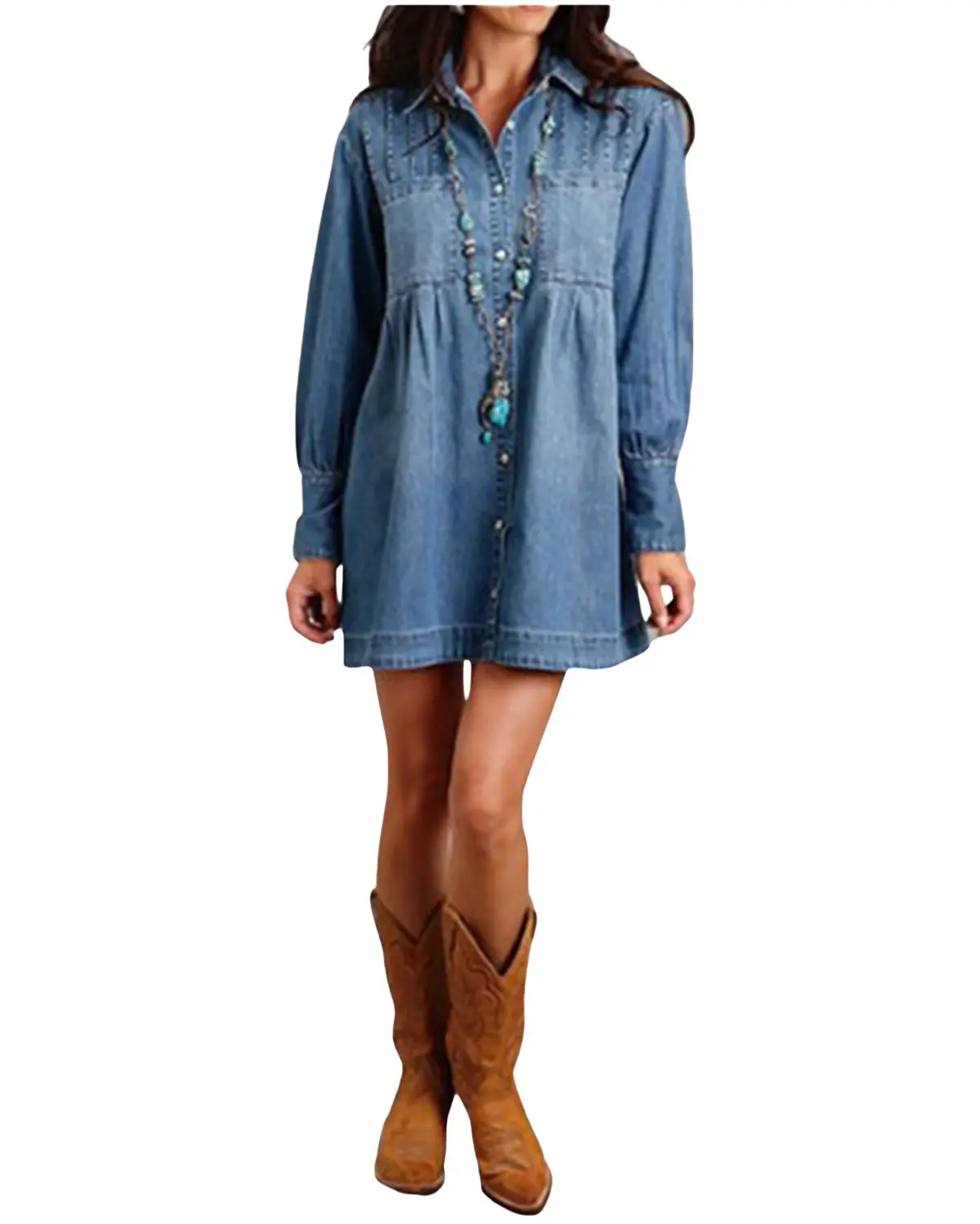 Stetson Women's Women'S Dark Wash Denim Long Sleeve Mini Shirt Dress - 11-057-0594-2031 Bu