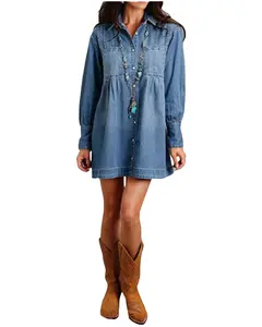 Stetson Women's Dark Wash Denim Long Sleeve Mini Shirt Dress - 11-057-0594-2031 Bu