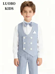 【LUOBOKIDS】Boys Formal Vest Set for Christmas Wedding Church Ceremony, Preppy Style Slim Fit Woven Fabric, Spring & Fall Kids Clothing Gift