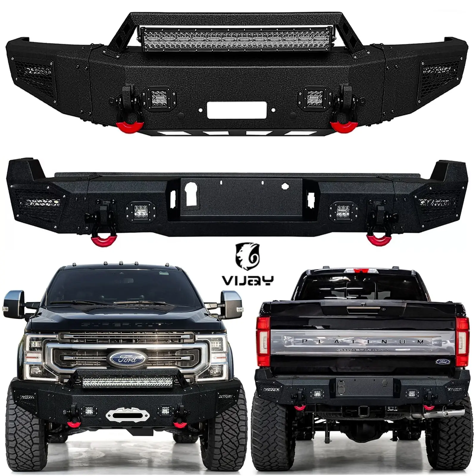 Vijay Black Textural Steel Front or Rear Bumper Assembly  with Winch Plate & LED Lights & D-Rings  For 2017-2018-2019-2020-2021-2022 Ford F250/F350/F450 Super Duty