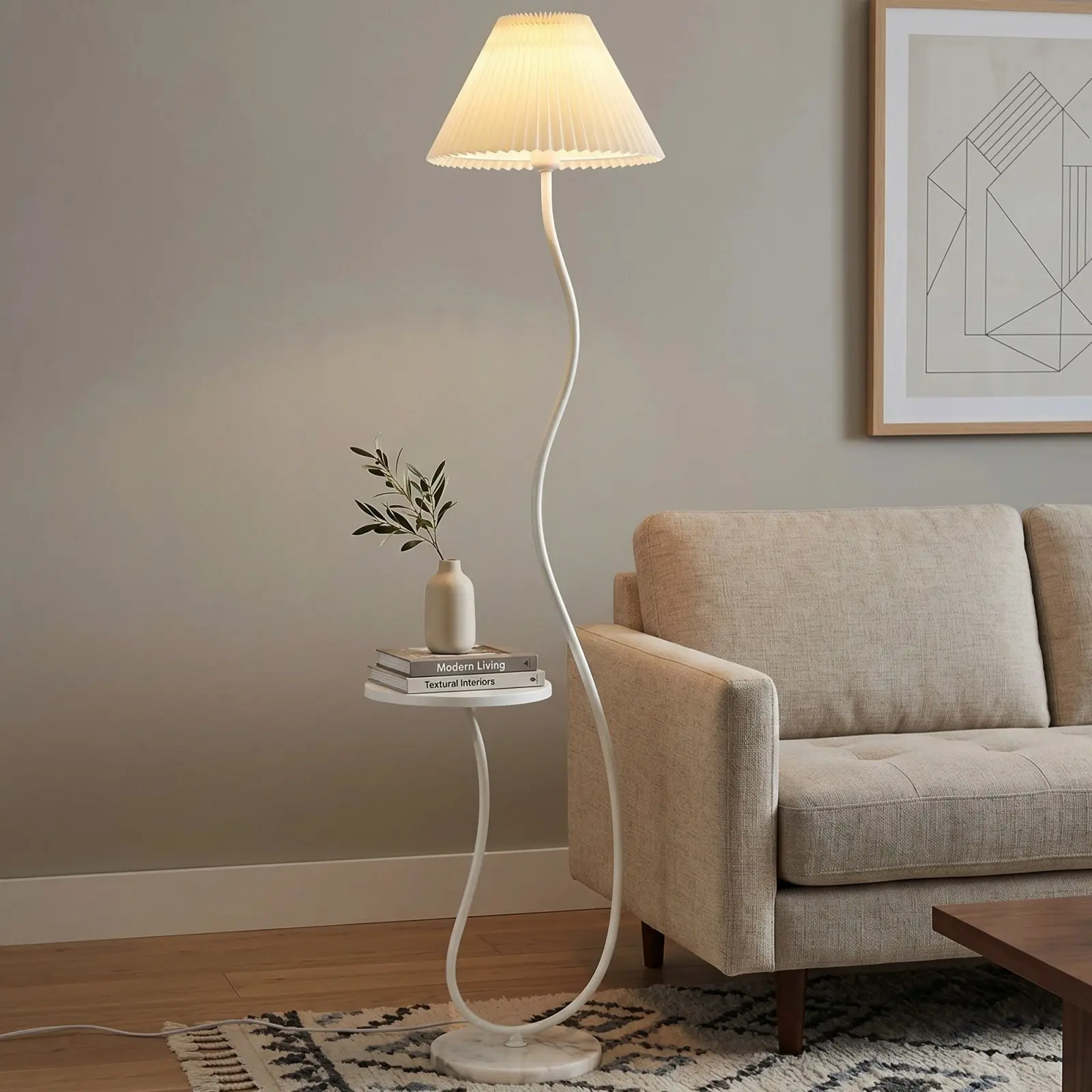 63-Inch White Curved Fabric Floor Lamp with Side Table, 3-Color LED Bulb, Marble Base, Scandinavian Bohemian Style for Adult Living Room Bedroom