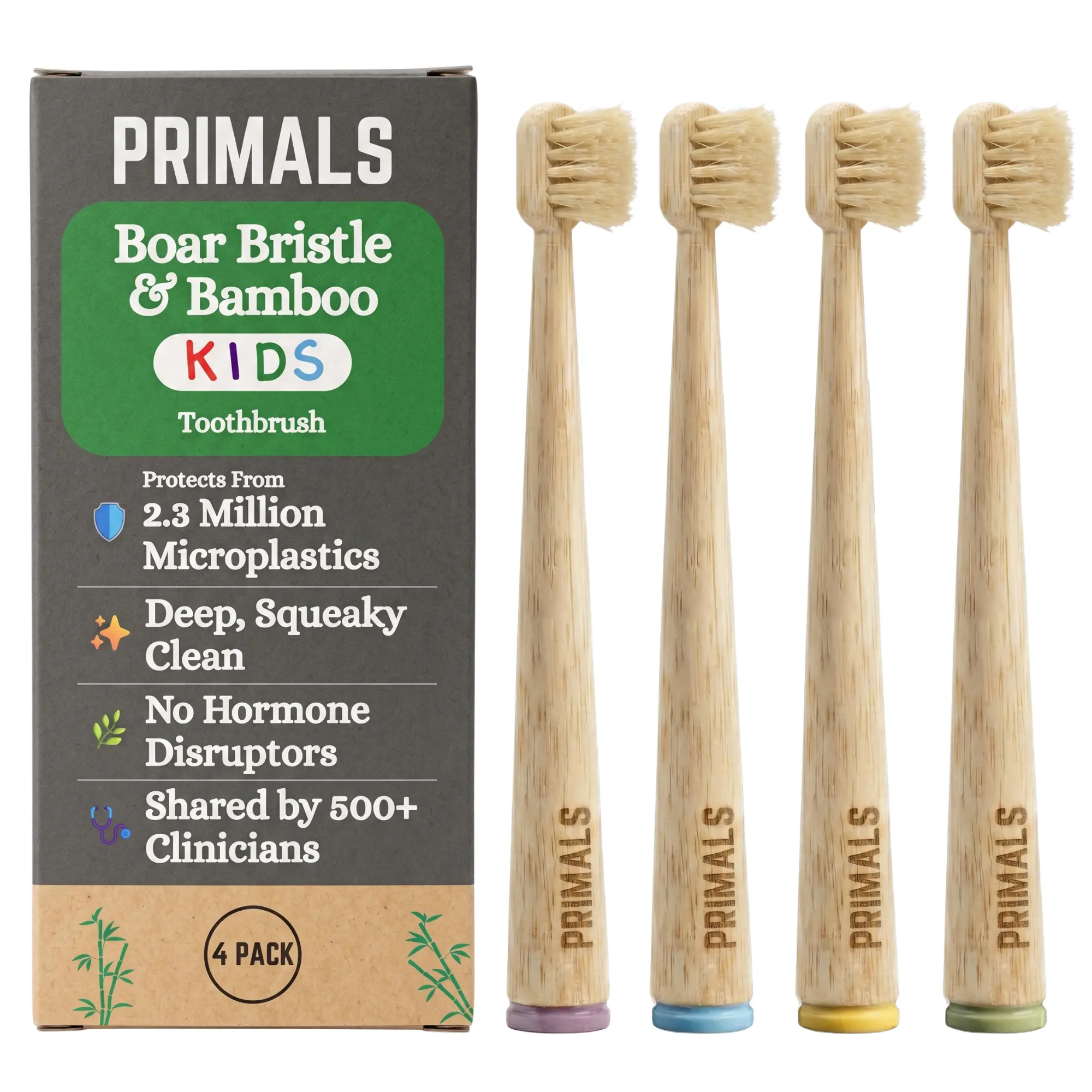 PRIMALS Kids Boar Bristle & Bamboo Toothbrush (4-Pack) - 100% Real Boar Bristles - Plastic & Nylon Free - Easy Dry Design - Protects from Microplastics - Plastic-Free Oral Care - Approved by 500+ Clinicians