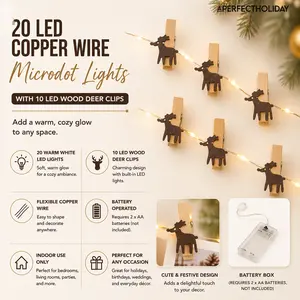 Perfect Holiday Microdot Fairy Lights Decorative Ambient Lighting Battery Operated 20 LED Copper Wire with 10 LED Wood Deer Clips