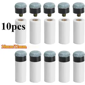 10 PCS Screw-On Pool Cue Tip Replacement Set, Billiard Accessories, Hard Leather Tips with Plastic Ferrules, 10/12mm, for Home Use