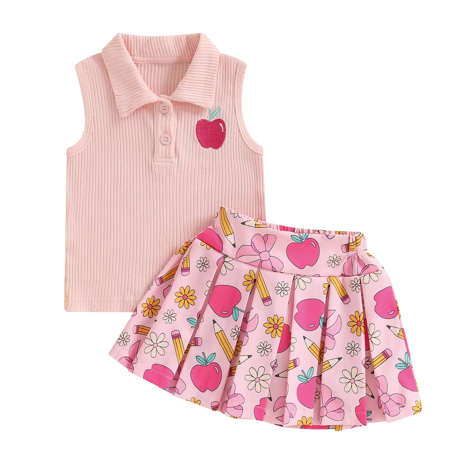 Toddler Girl Back to School Outfit Kindergarten Pre K First Grade Sleeveless T-Shirt Tank Top A-Line Skirt Set