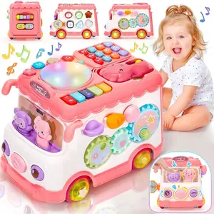 Musical Activity Toy Bus for Toddlers, Interactive Learning Toy with Piano Keys, Lights, Music, Gears and Shape Buttons, Pull-Along Playset for Boys & Girls